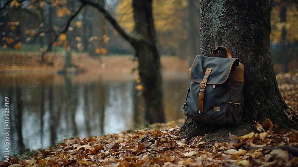 Backpack leaning against tree in autumn park. Backpack leaning against tree in autumn park.