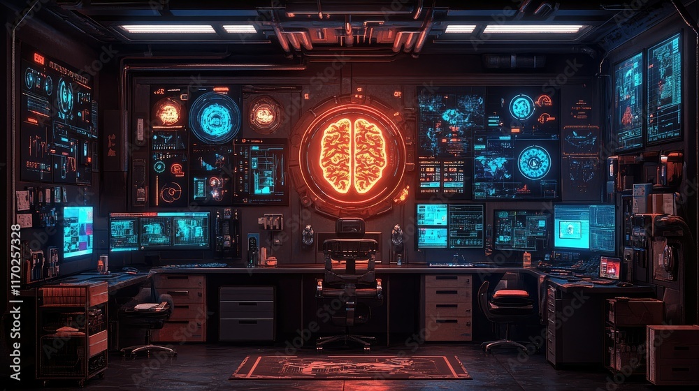 Futuristic control room with glowing brain symbol, multiple monitors displaying data. Futuristic control room with glowing brain symbol, multiple monitors displaying data.