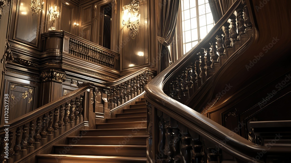 Obraz premium Elegant Wooden Staircase with Ornate Details in Luxurious Interior