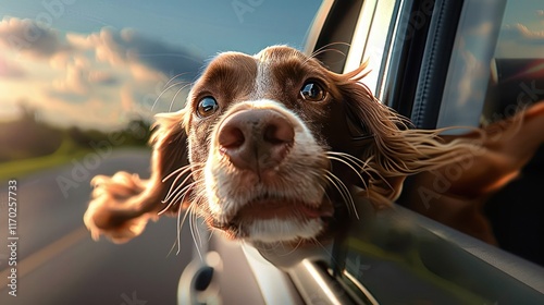 Joyful Canine on a Road Trip Adventure: Happy Dog with Head Out of Car Window, Enjoying Travel with a Furry Companion photo