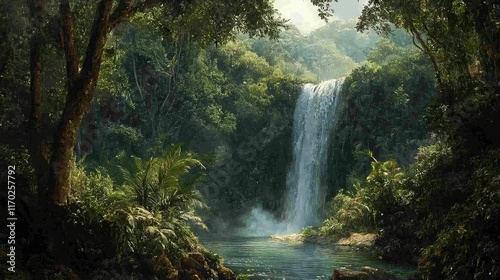 Lush Tropical Waterfall Surrounded by Dense Green Forest Landscape