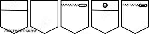 Patch pocket icon set, for clothing costumes and accessories concept. Patch pockets with and without buttons zipper rivets line icons, isolated on transparent background. Clothing design elements,
