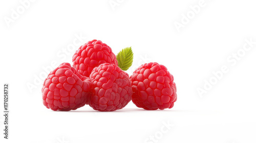 A close up of a bunch of red raspberries with a leaf on top on transparent background