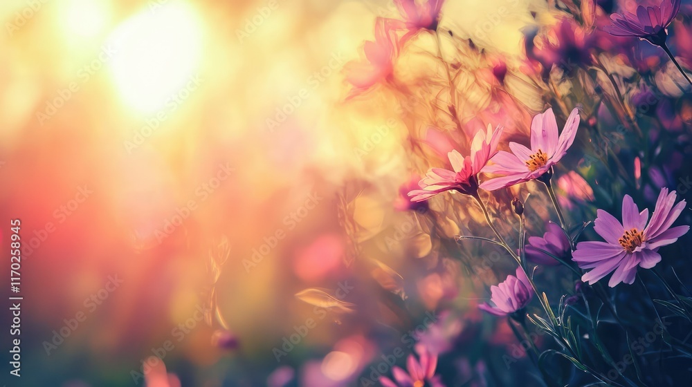 Soft Sunset Glow Over Blooming Pink Flowers in Garden Landscape Soft Sunset Glow Over Blooming Pink Flowers in Garden Landscape