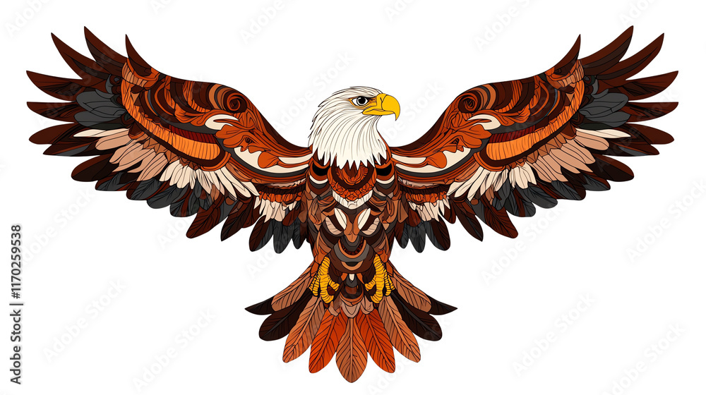 Fototapeta premium A majestic eagle with outstretched wings, showcasing intricate feather patterns in vibrant colors.