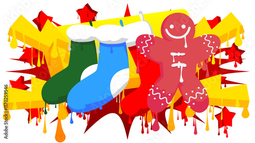 Christmas stocking and Gingerbread Man Cookie graffiti. Abstract modern street art decoration performed in urban painting style.