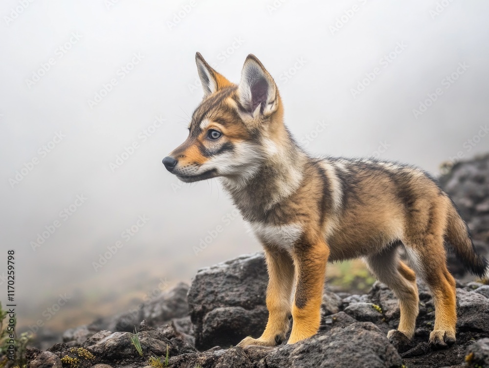 Fototapeta premium Small brown and white dog is standing on a rocky surface. The dog has a curious expression on its face