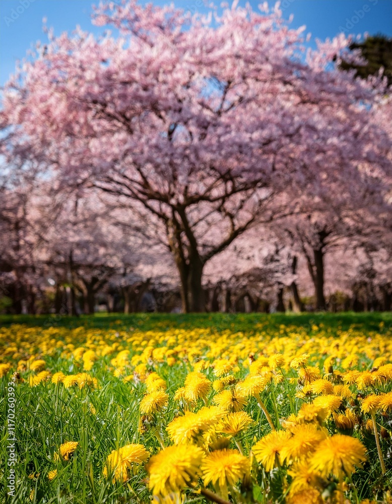 開の桜の木の根元に咲く黄色いタンポポ 開の桜の木の根元に咲く黄色いタンポポ
