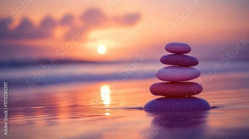 Vibrant stone stack on a beach at sunset, promoting nature relaxation, mindfulness, and harmony. Ideal for holistic health and travel themes.