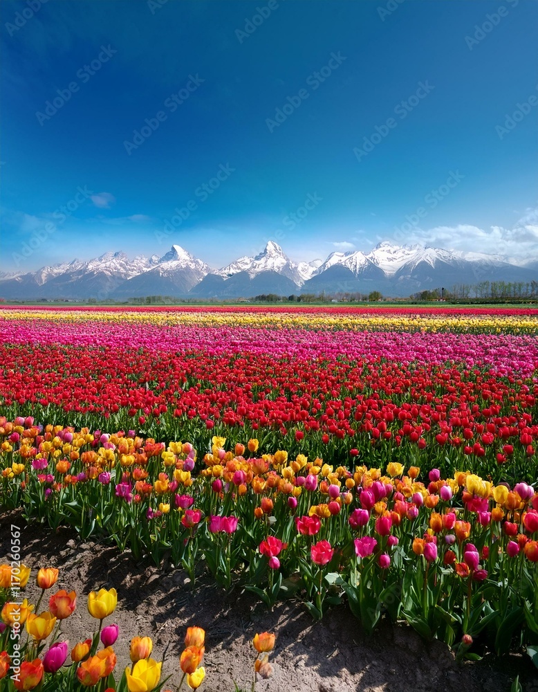 赤、黄、ピンクの花が整然と並び、遠くに青空と春霞の山々と広大なチューリップ畑 赤、黄、ピンクの花が整然と並び、遠くに青空と春霞の山々と広大なチューリップ畑