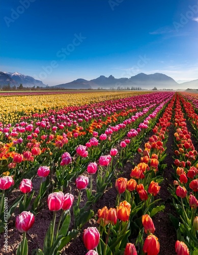 Wallpaper Mural 赤、黄、ピンクの花が整然と並び、遠くに青空と春霞の山々と広大なチューリップ畑 Torontodigital.ca