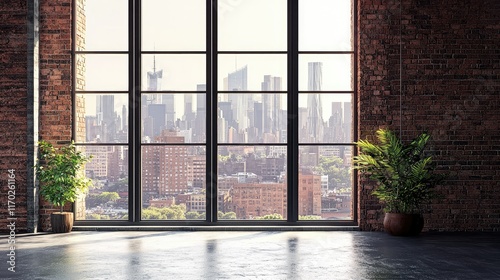 Modern Urban Interior with Window Overlooking Cityscape View