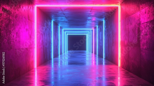 Neon lit hallway creates futuristic ambiance.