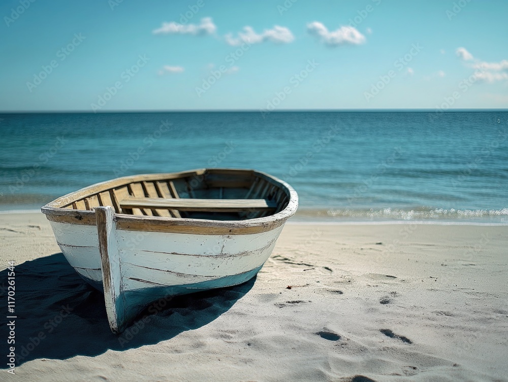 Fototapeta premium Old wooden boat on sandy beach at edge of ocean, sunny day.