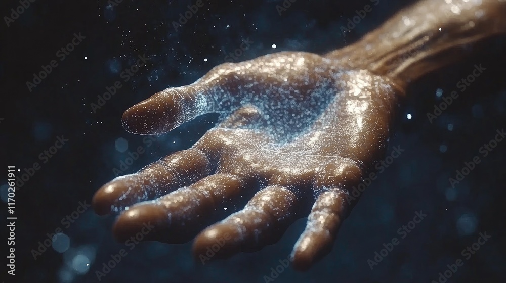 Fototapeta premium Glowing particles in open human hand, dark background.