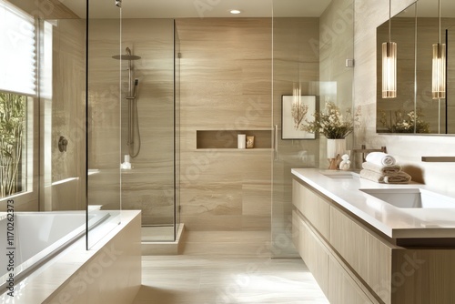 A contemporary bathroom with sleek fixtures, neutral colors, and luxurious materials. Use modern cabinetry, a frameless glass shower, and elegant lighting. Incorporate natural stone