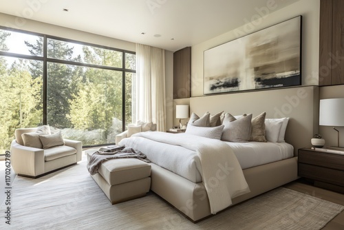 A contemporary bedroom featuring streamlined furniture pieces, neutral tones, and minimalistic decor. Utilize clean lines, large windows