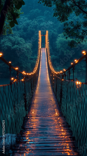 A glowing fiber optic bridge suspended over a serene river at dusk, its lights reflecting beautifully on the water.