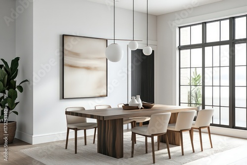 A contemporary dining room featuring streamlined furniture pieces, neutral tones, and minimalistic decor. Utilize clean lines, large windows