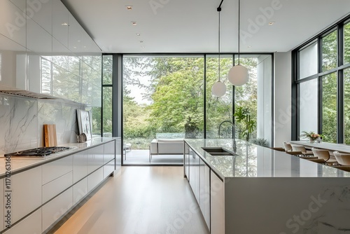 A contemporary kitchen featuring streamlined cabinetry, neutral tones, and minimalistic decor. Utilize clean lines, large windows