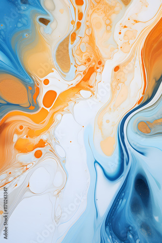 Abstract orange and blue fluid art on a white background, showcasing close-up details of flowing colors.

