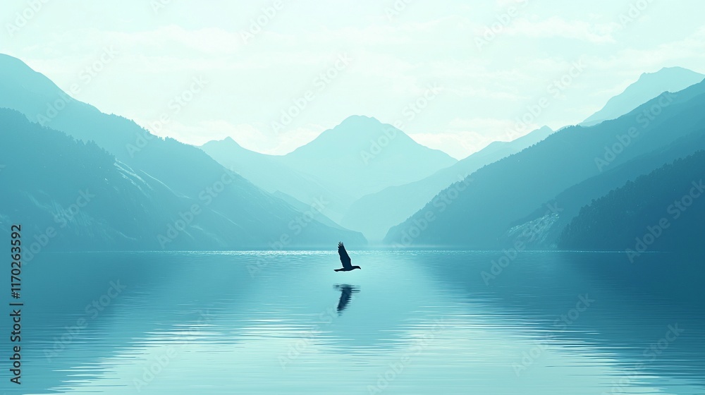Fototapeta premium Serene lake landscape with a bird in flight, mountains in the background.