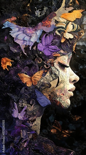 Mysterious Woman with Butterflies: A Dark and Dreamlike Portrait photo