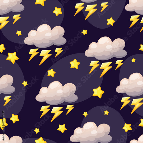 Seamless pattern with clouds, lightning and scattered small stars on a dark purple background, Cute cartoon style. Perfect for lively designs, children’s decor, stationery, and cheerful themed project