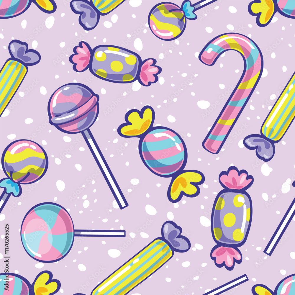 Seamless pattern cartoon of rainbow fancy candy. Cute colorful sweet dessert, candy, toffee and candy cane. Idea design for children fabric, wrapping paper, wallpaper and fashion prints.