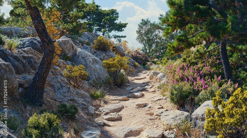 A scenic pathway through rocky terrain and vibrant flora. A scenic pathway through rocky terrain and vibrant flora.