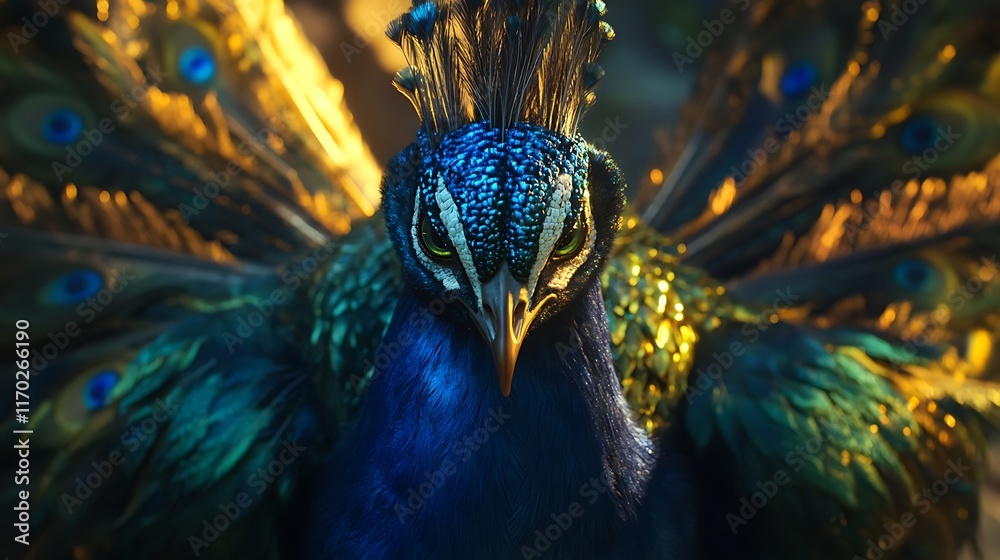 Obraz premium Majestic peacock with vibrant plumage, intense gaze.