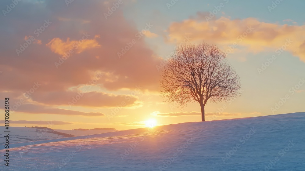Serene Winter Sunset Behind a Lone Tree on Snowy Landscape Serene Winter Sunset Behind a Lone Tree on Snowy Landscape
