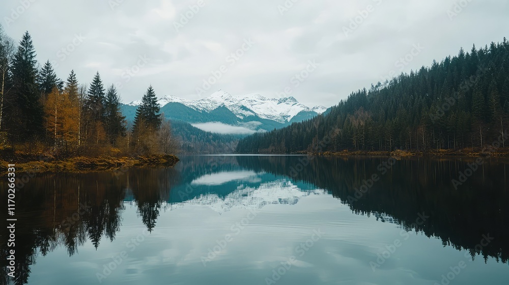 Serene Mountain Landscape with Calm Lake and Reflection in Nature Serene Mountain Landscape with Calm Lake and Reflection in Nature