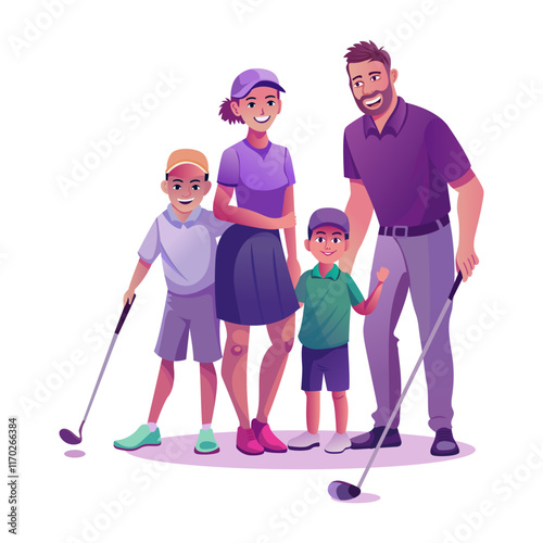 A flat style illustration of golfing family 

