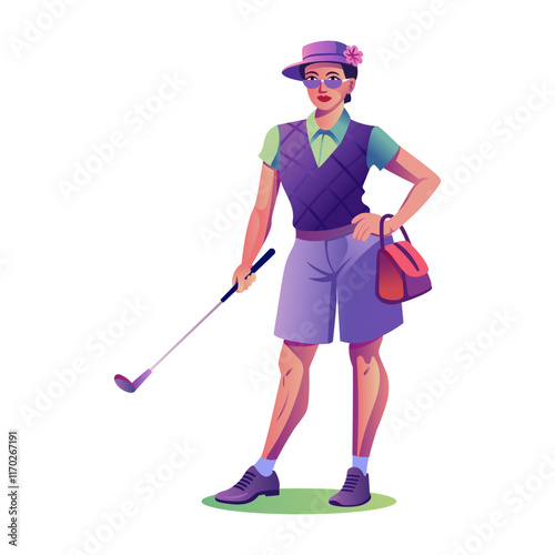 Flat character illustration of posing golfer lady 
