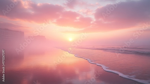 Serene pink sunrise over misty beach, reflecting sun and calm ocean waves. photo