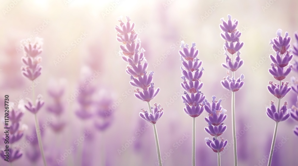 Naklejka premium Lavender Flowers Bloom in Soft Sunlight Field