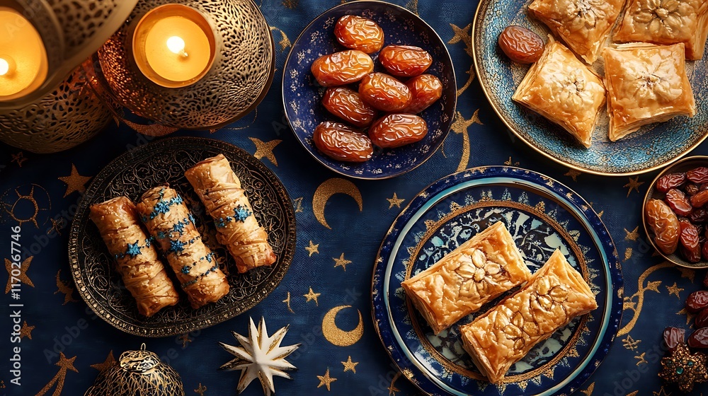 Fototapeta premium Overhead view of assorted Middle Eastern desserts, dates, and candles on a dark blue tablecloth with star and moon decorations.