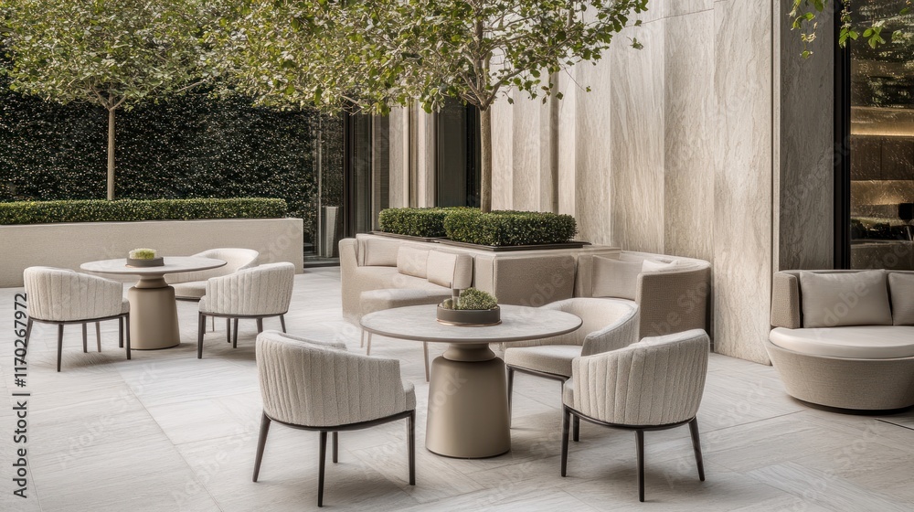 Serene Outdoor Patio with Modern Furniture and Greenery
