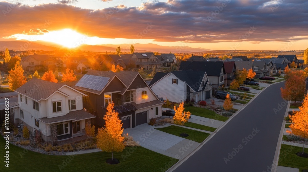 Aerial view of a suburban neighborhood at sunset with colorful autumn trees. Aerial view of a suburban neighborhood at sunset with colorful autumn trees.