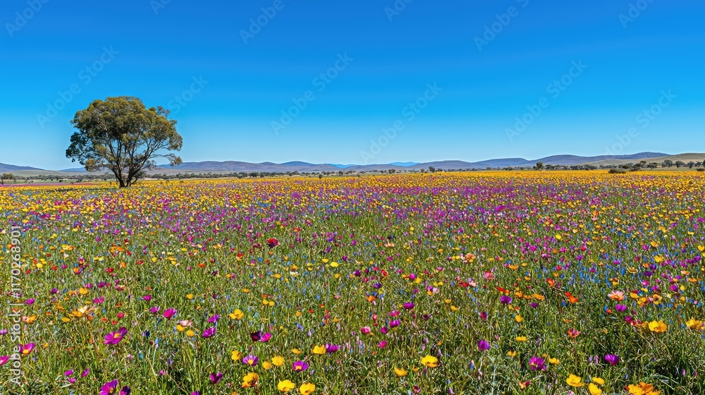 Vibrant Wildflower Field Under Clear Blue Sky in Nature Landscape Vibrant Wildflower Field Under Clear Blue Sky in Nature Landscape