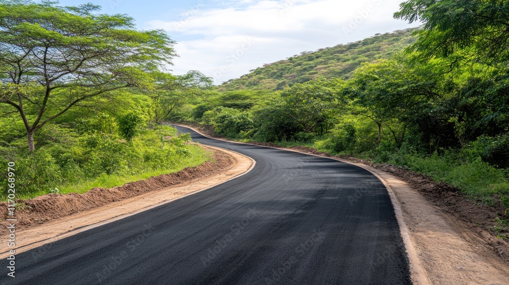 Fototapeta premium Newly Paved Road Winding Through Lush Green Landscape
