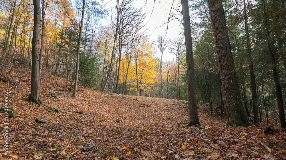 Fototapeta premium Autumn Forest Landscape with Colorful Leaves and Tree Shadows
