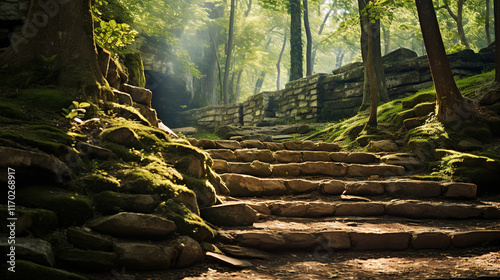 Ancient Pathway Through Sunlit Forest photo