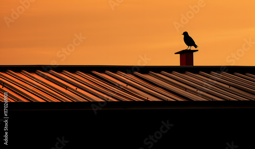 Silhouette of a bird perched on the edge of an orange roof at sunset in primitivism style, 2K resolution, high quality.
