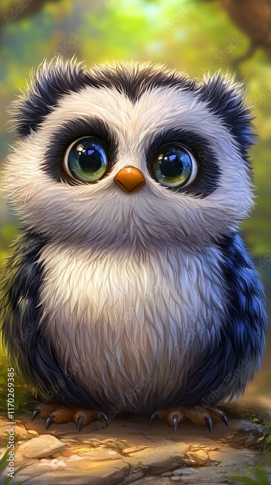 Fototapeta premium Fantastical Owl-Panda Hybrid Creature in Nature