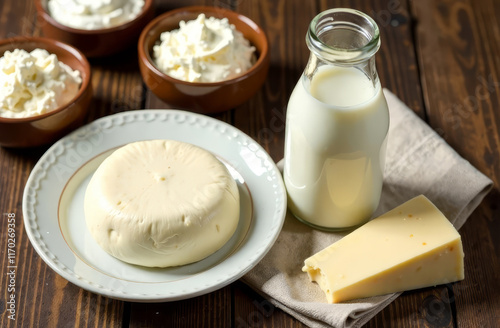 There is a bottle of fresh milk on the rustic table, next to it is a plate of fresh farm cheese and a piece of cheese on a linen napkin. In the background is a window, from which warm light is pouring photo