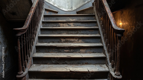Old, worn wooden staircase in abandoned house.