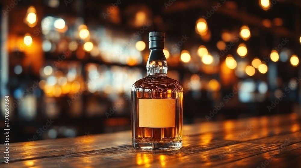 A whiskey bottle on a wooden table with warm lighting. A whiskey bottle on a wooden table with warm lighting.