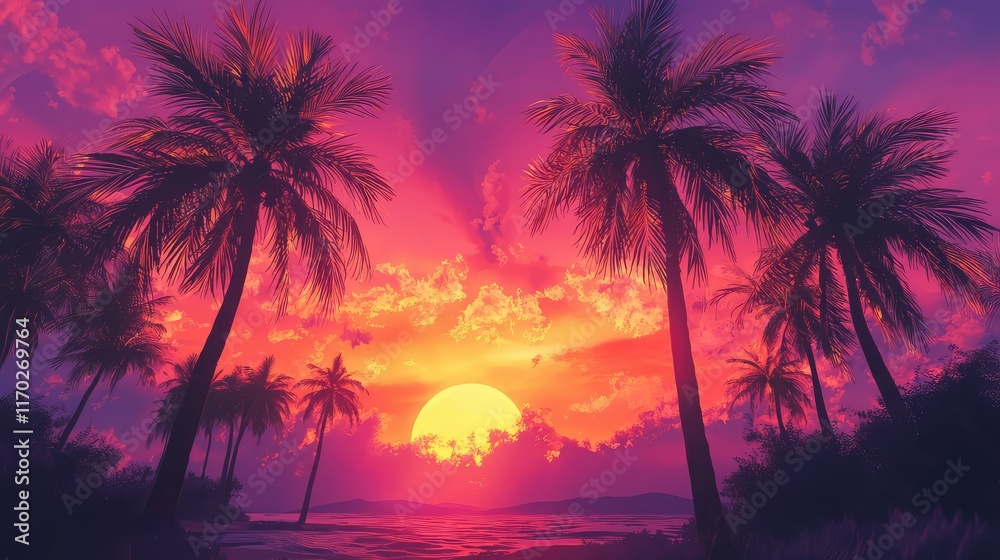 Obraz premium Breathtaking Sunset Over Tropical Beach with Palm Trees Silhouette